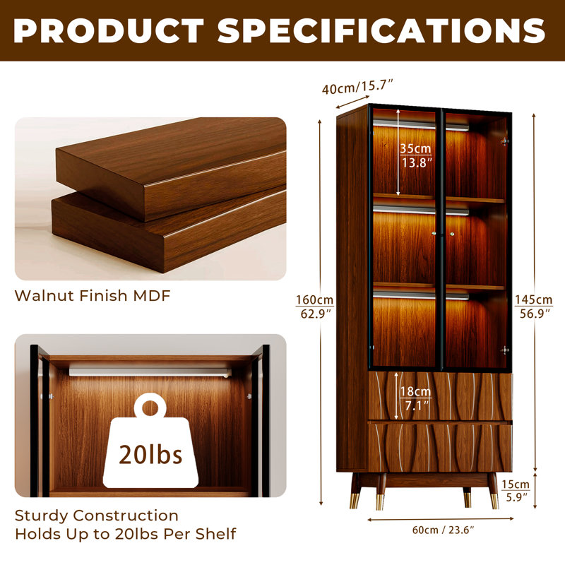 23.6'' Brown Two-piece Set Display China Cabinet 3-tier Liquor Curio Shelf, Mid Century Modern Wooden Bookcase Kitchen Hutch Case With Glass Door And Relief Panel Drawers For Dining Room Living Room Study