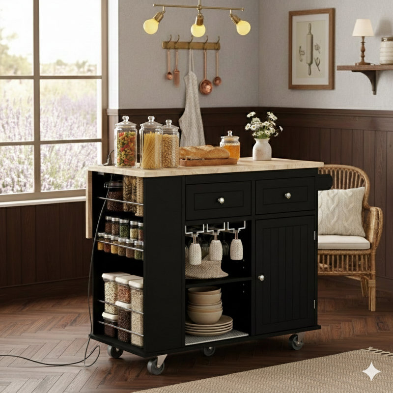 Kitchen Island with Power Outlet, Drop-Leaf Surface and Rubberwood Construction, Open Storage Compartment and Wine Rack, 5 Casters, Adjustable Storage Shelving – For Home, Kitchen, and Dining Room, Black Finish
