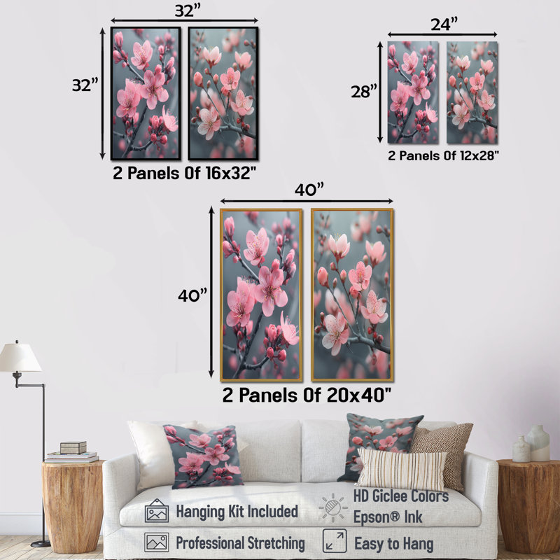 Ensemble de 2 pièces monochromes de fleurs de cerisier gris dans le vent I - Fleurs de cerisier, H 40 po x l 40 po