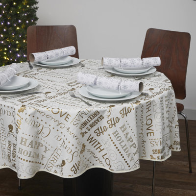PVC Tablecloth 70in Round - Joyful Holiday Expressions Gold - Adds Elegance to your Holiday Decor