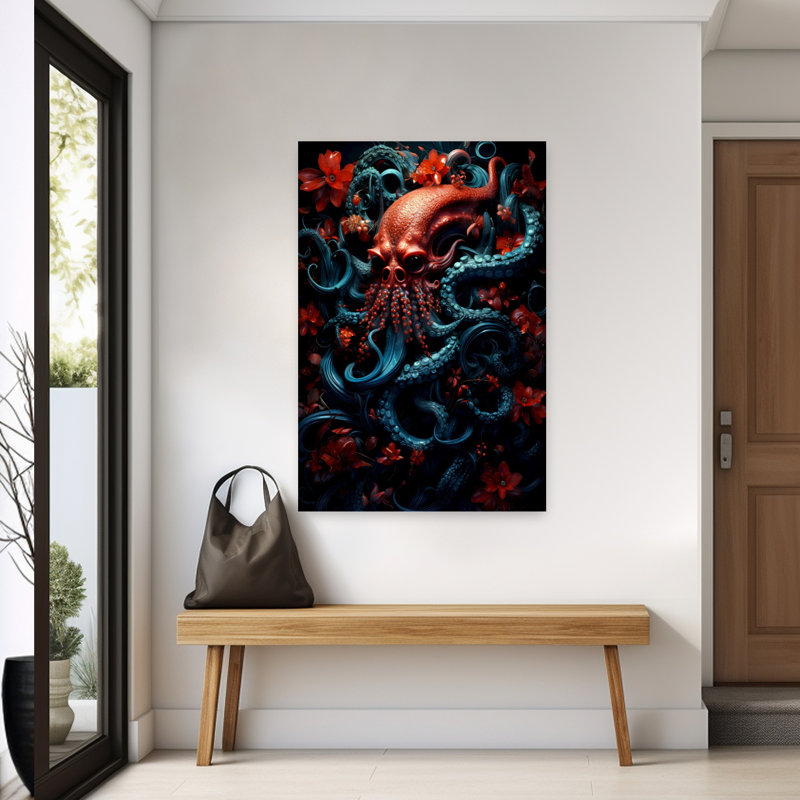 Pieuvre rouge, fleur sombre, gothique, éclatant, pieuvre contemporaine, océan, fleur, art mural, H 60 po x l 40 po