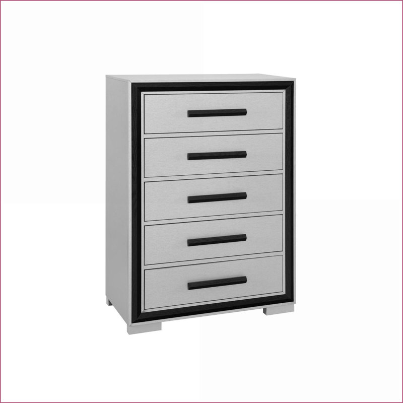 Commode, commode 5 tiroirs gris moderne noir | Bois massif et panneau de fibres à densité moyenne | Noir