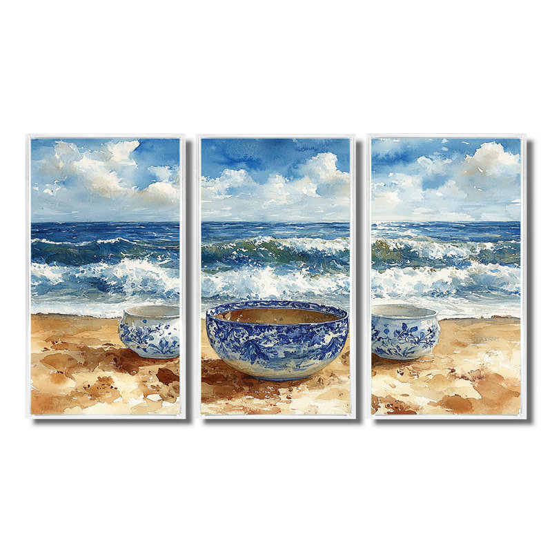Poterie de plage dans des tons bleus et blancs - Ensemble de décorations murales de plage, Toile encadrée flottée blanche
