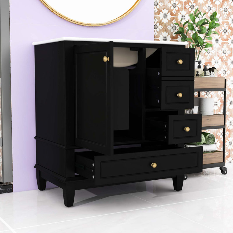 Meuble-lavabo avec lavabo en céramique, 1 porte avec tablette, 3 tiroirs et porte à fermeture en douceur, Noir