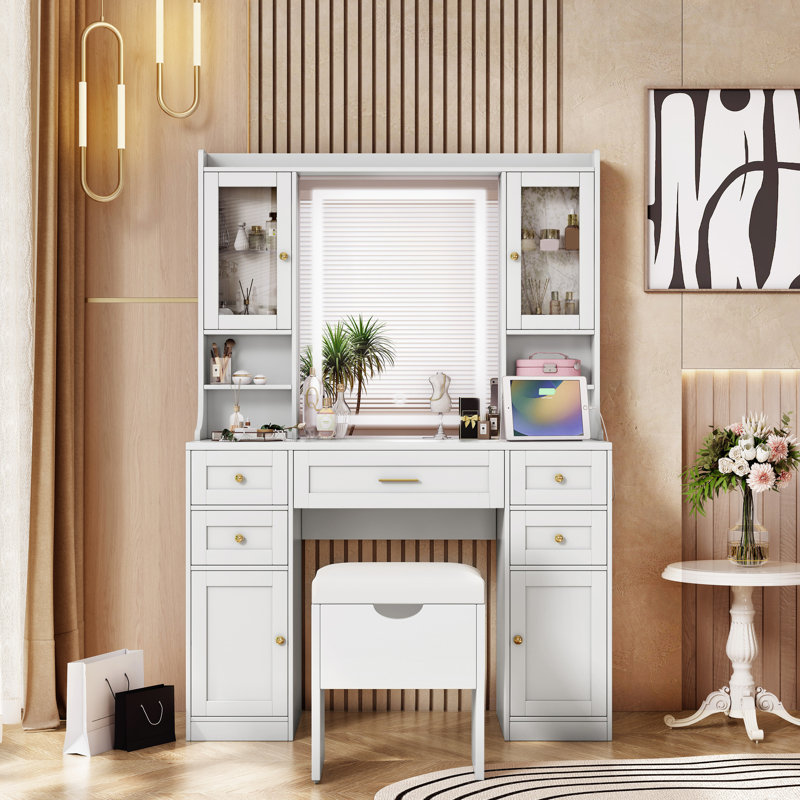 Meuble-lavabo blanc 41,4 po avec éclairage réglable, 5 tiroirs, 4 armoires, station de charge, tabouret rembourré et extérieur rétro - configuration idéale pour une chambre à coucher