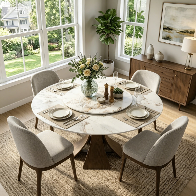 Aversa Modern Round Dining Table, Sintered Stone & Travertine Top With Lazy Susan | 1-Step Assembly, Farmhouse Kitchen Table For Dining Room