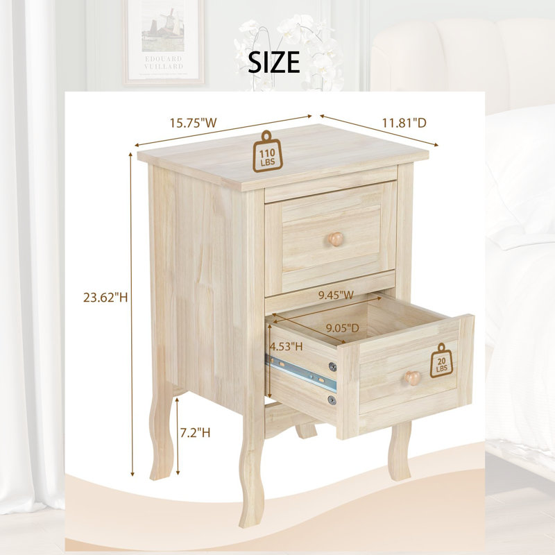 Table de chevet compacte de style français 16 po, 2 tiroirs, Naturel