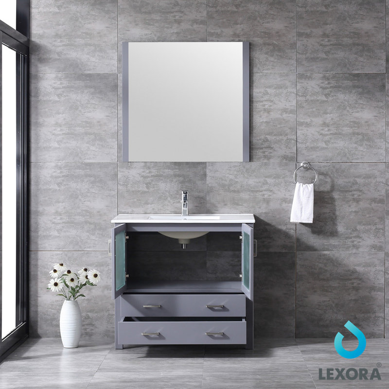 Volez 36 in W x 18.25 in D Single Bath Vanity, White Ceramic Top, 34 in Mirror and Chrome Faucet Set, Dark Grey