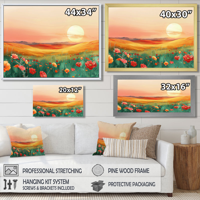 «Flower Meadows At Sunset II - Landscape Mountains», art mural, H 34 po x l 44 po x P 1,5 po, Cadre simple noir