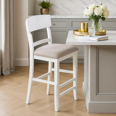 Keyan Counter Height Chair, Foam Gray Fabric Seat, Antique White Wood