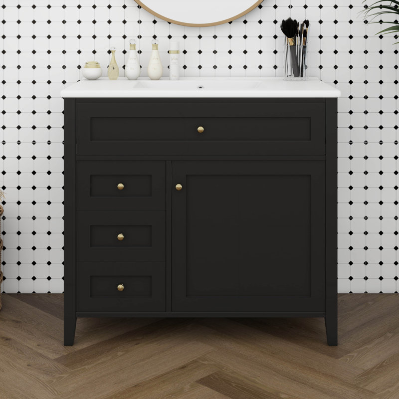 Meuble-lavabo 36 po avec lavabo, tiroir basculant, portes et support, armoire de salle de bain autoportante avec tiroirs et tablette réglable