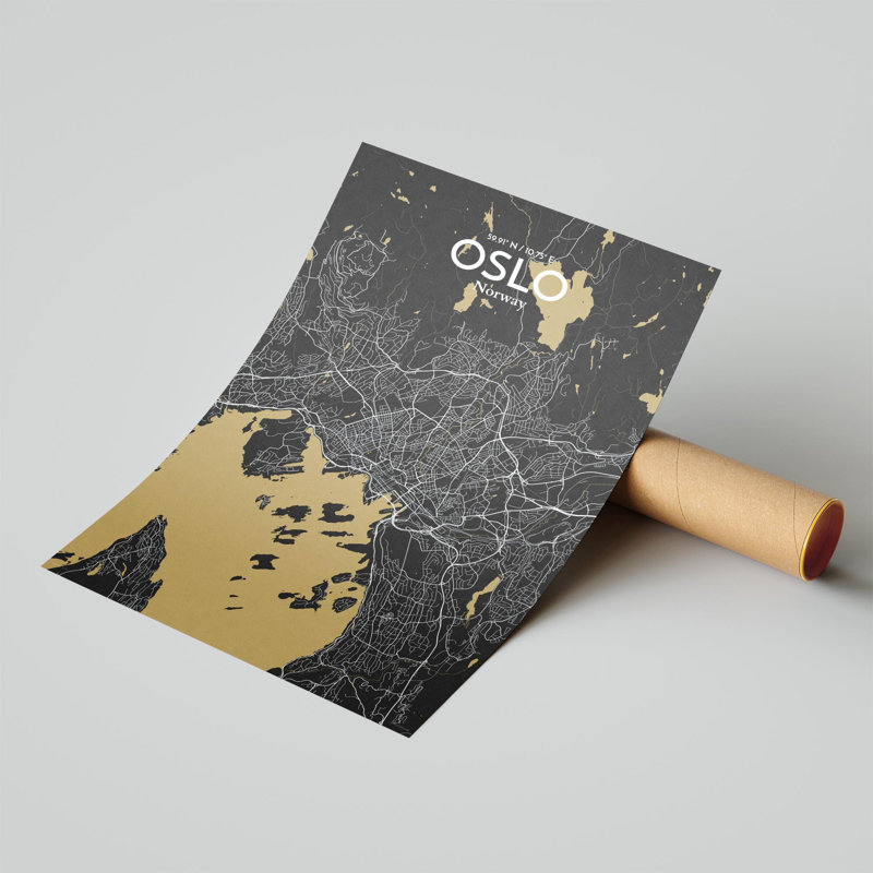 Oslo, carte de la ville, impression, H 17 po x l 11 po, Noir / or