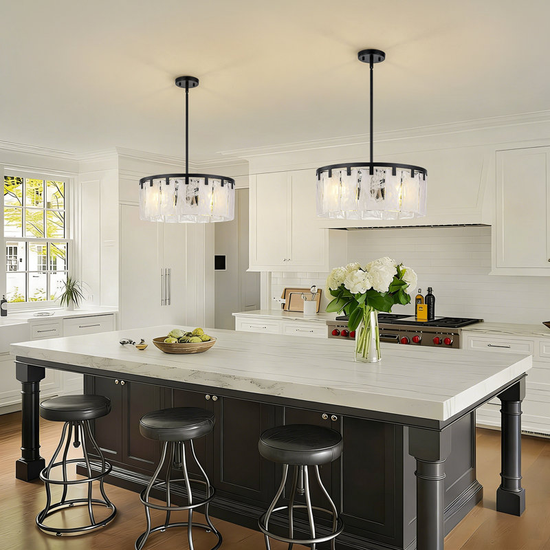4-Light Modern Dimmable Textured Water Clouded Glass Drum Chandelier, Matte Black