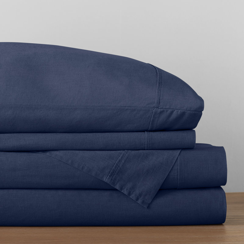 Jeffen Linen Blend Sheet Set, Midnight Navy, Full Sheet Set + 1 Fitted Sheet + 2 Pillowcases