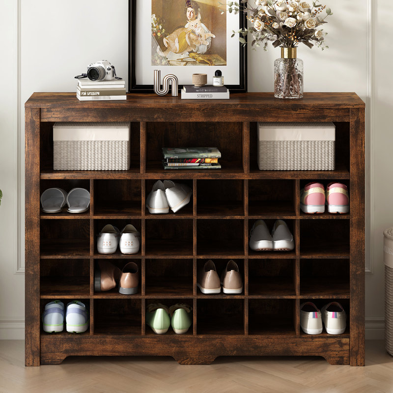 Armoire pour 24 chaussures avec base courbée, brun rustique, moderne pour le salon, la chambre à coucher, le couloir et la chambre à coucher brun