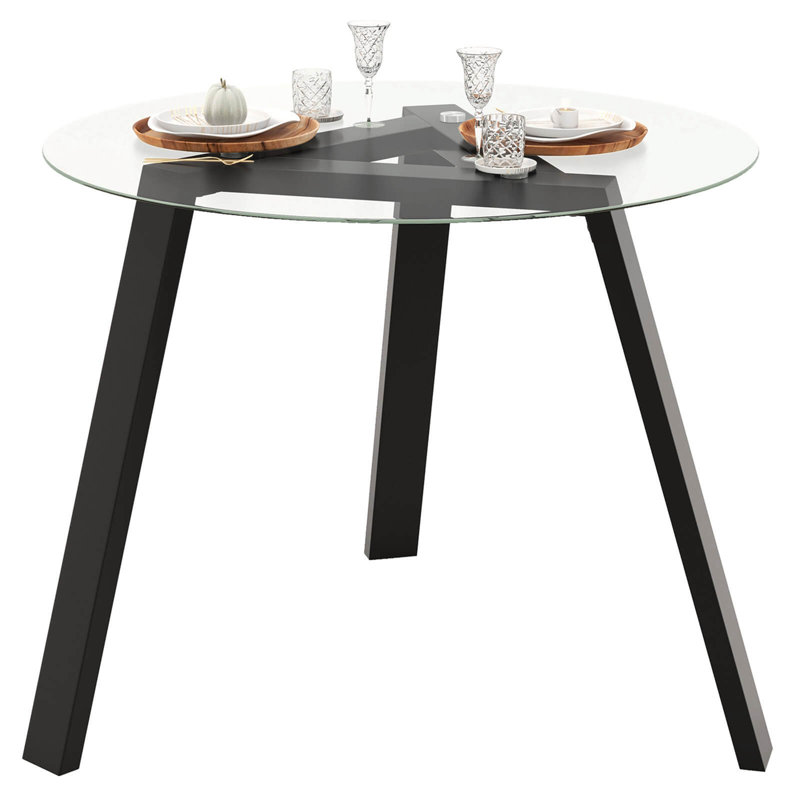 Costway 35.5" Round Glass Dining Table For 4 With Tempered Glass Tabletop Rubber Wood Frame, Black