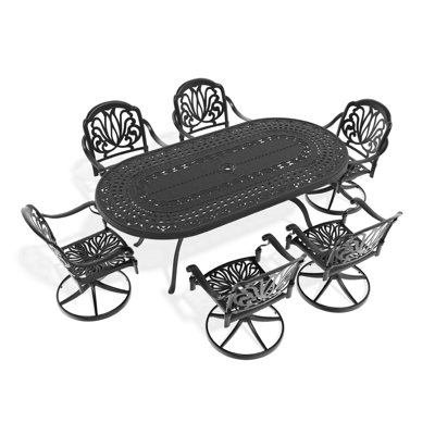 7 chaises toutes saisons: 6 chaises pivotantes et table ovale, fabrication en aluminium, noir, résistant aux intempéries, sièges confortables, capacité de siège de 350 lb, coussins de table de 160 lb inclus, facile à installer