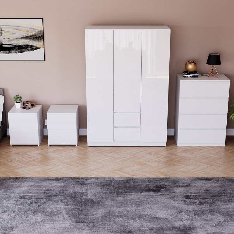 Taniesha 4 Piece Bedroom Set (2 Drawer Bedside Chest X2, 4 Drawer Chest, 3 Door 2 Drawer Wardrobe), (100% FSC), White