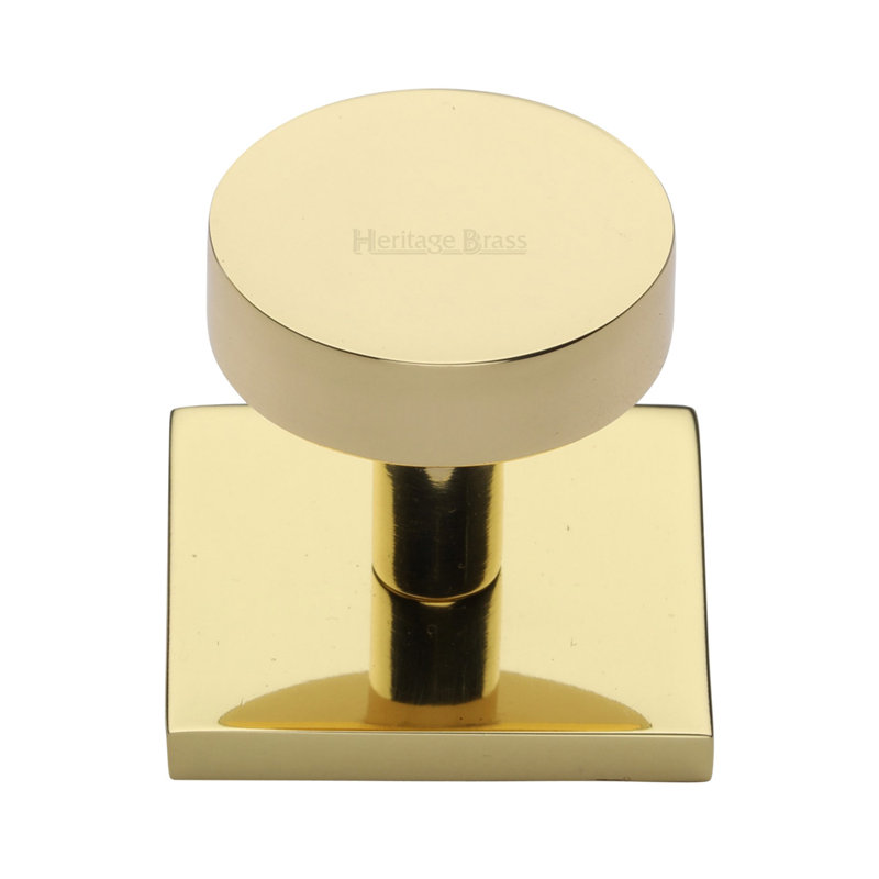 Heritage Brass Cabinet Knob Disc Design with Square Backplate, Polished Brass