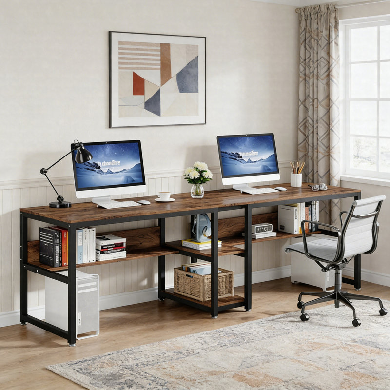 78.7" Double Computer Desk For Two – Industrial Rustic Home Office Desk With Bookshelf, Rustic Brown/Black