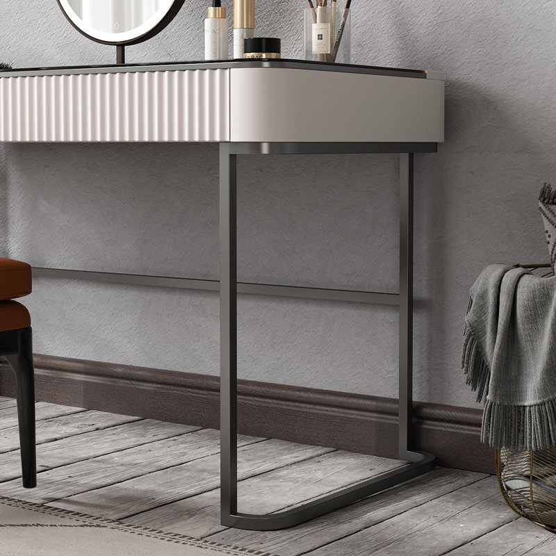 High-quality Makeup Vanity set,Power Outlet, Glass Top,Very easy to assemble,Includes makeup stool, Ivory White/Gray
