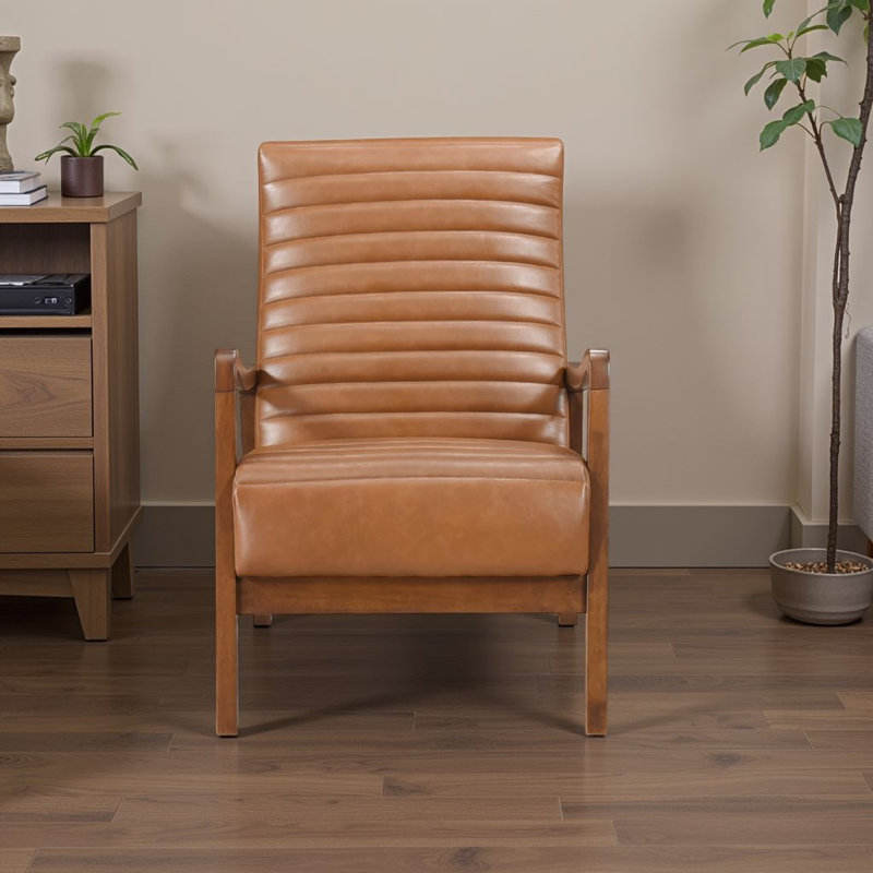 Fauteuil d'appoint Gert, similicuir brun mat, structure en bois d'hévéa massif