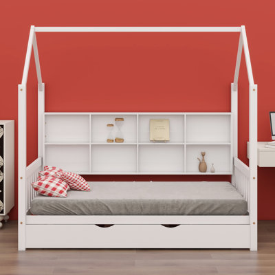 House Bed With Trundle,Kids Bed With Shelf