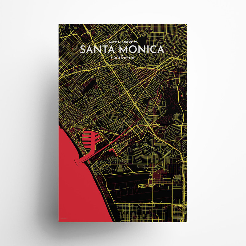Santa Monica, carte de la ville, impression, H 17 po x l 11 po, Noir / rouge / jaune