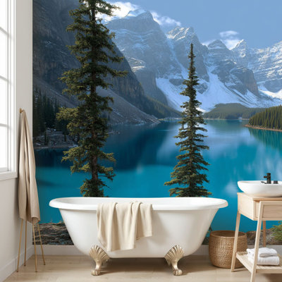 Papier peint auto-adhésif Parc national de Banff, lac Turquoise, Evergreen, forêt, calottes enneigées, reflets réalistes, vue panoramique, papier vif, adhésif, amovible, contact, papier peint mural pour salon, chambre à coucher H 100 po x l 144 po