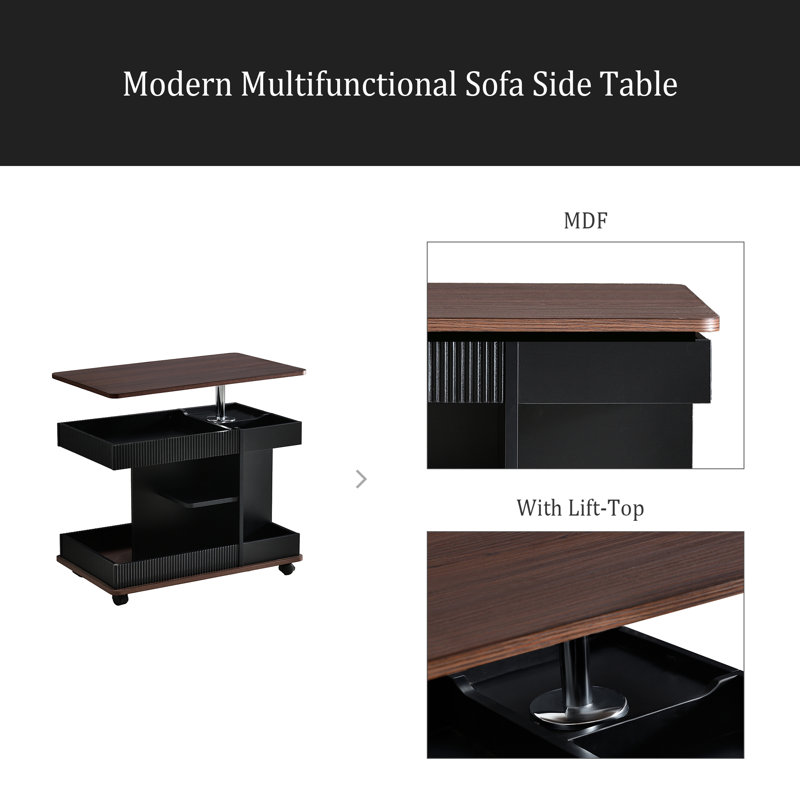 Adjustable End Table With Wheels, Modern Multifunctional Sofa Side Table With Lift-Top, 360°Rotating Top And Storage Space For Living Room, Small Space