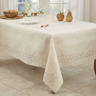 Natural Classic Embroidery Scroll Border Linen Blend Tablecloth 67" W X 67" L