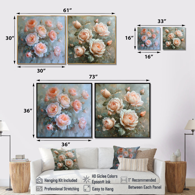 «Pink Green Feminine Flair Roses I», art mural roses - décoration murale moderne 2 pièces, Crème, crème, 16" H x 33" W