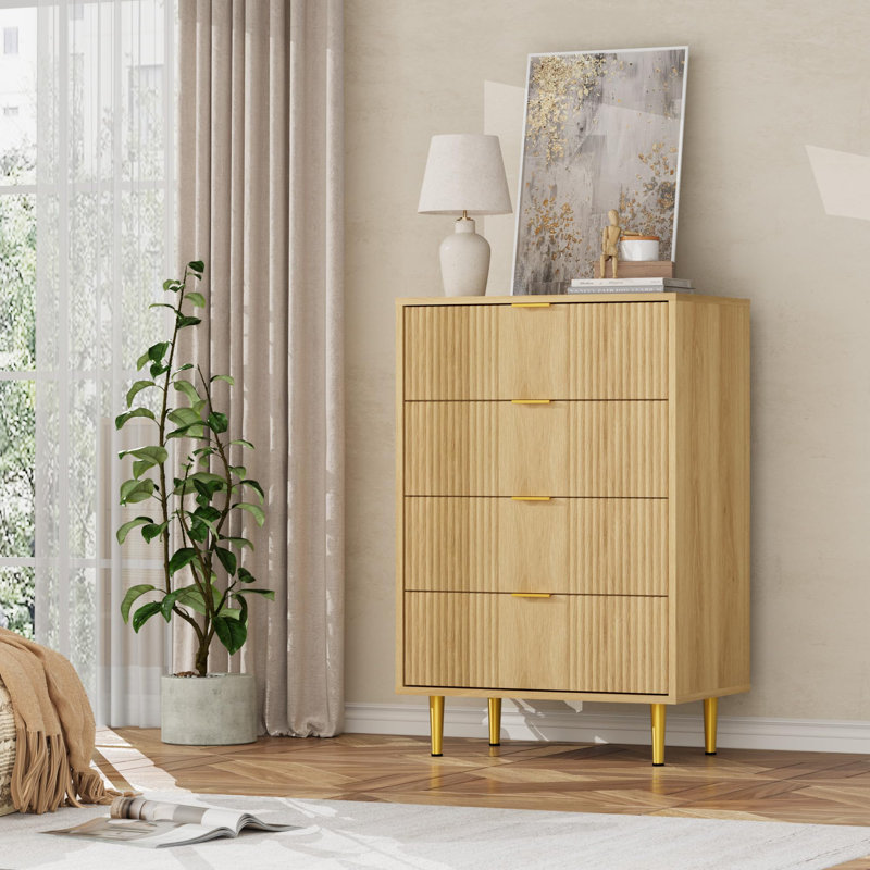 36.9" Tall Fluted 4 Drawer Dresser with Metal Handles, Modern Wood Storage Chest, Natural