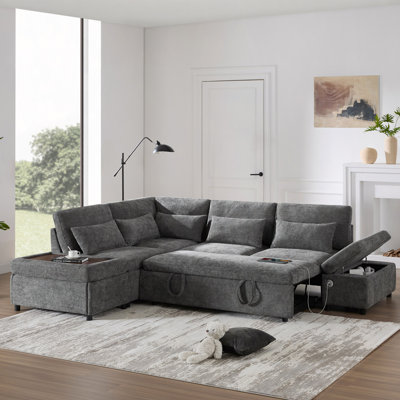 Canapé-lit modulaire de 107 po avec canapé-lit en forme de L, accoudoirs réglables en L, charge USB et de type C, repose-pieds avec rangement à mouvement libre, combinaison libre pour le salon et l’appartement, chenille