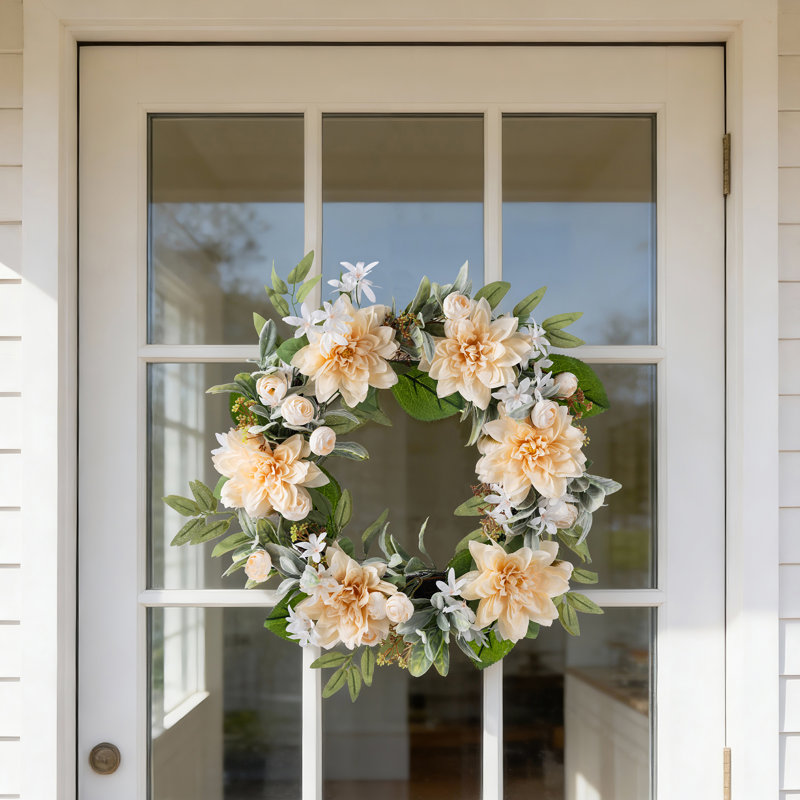 24" D Floral Wreath, Peach Dahlia