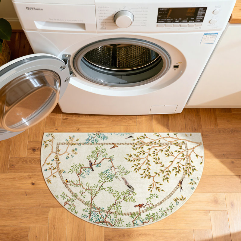 Floral Rug Botanical Birds Print Nature Plants Washable Non-slip, Ivory, Half-circle 1'11" x 3'