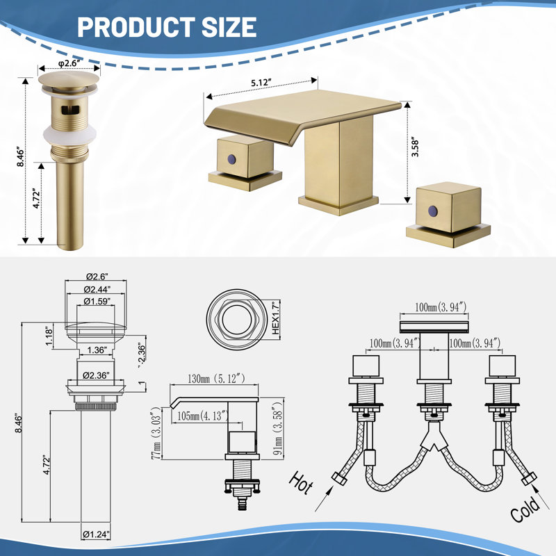 Solid Brass Two Handle Waterfall Widespread Bathroom Sink Faucet with Drain Assembly , Brushed Gold, Drain Assembly Included