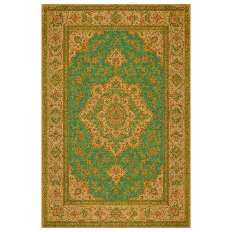 Zyana Collection Digital Print Cotton-Polyester Green Yellow Moroccan Rug, Rectangle 4' x 7'3"
