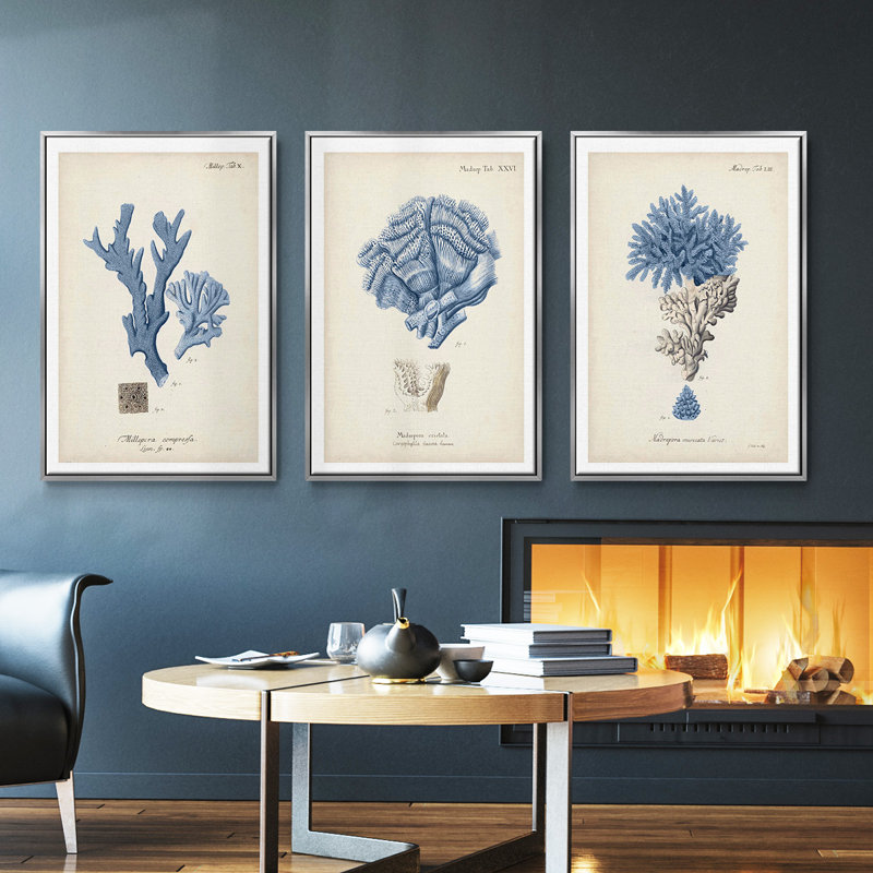 Corail antique en bleu marine, ensemble de 3 pièces encadrées sur toile, Argent, H 27 po x l 54 po