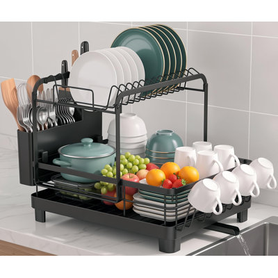 Égouttoir à vaisselle avec égouttoir pour comptoir de cuisine, égouttoir à vaisselle antirouille avec support à ustensiles, porte-gobelet supplémentaire, 2 niveaux (noir)