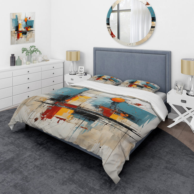 Teal Orange Bold Flow Collage - Dams Duvet Cover Set - Microfiber Polyester, Queen Duvet Cover + 2 Standard Shams
