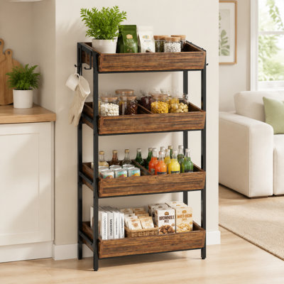 4-Tier Fruit and Vegetable Storage Rack, Freestanding Produce Organizer with Slanted Wooden Baskets and Side Hooks, Kitchen Pantry Storage Shelf for Fruits, Vegetables, Snacks and Produce, Rustic Brown