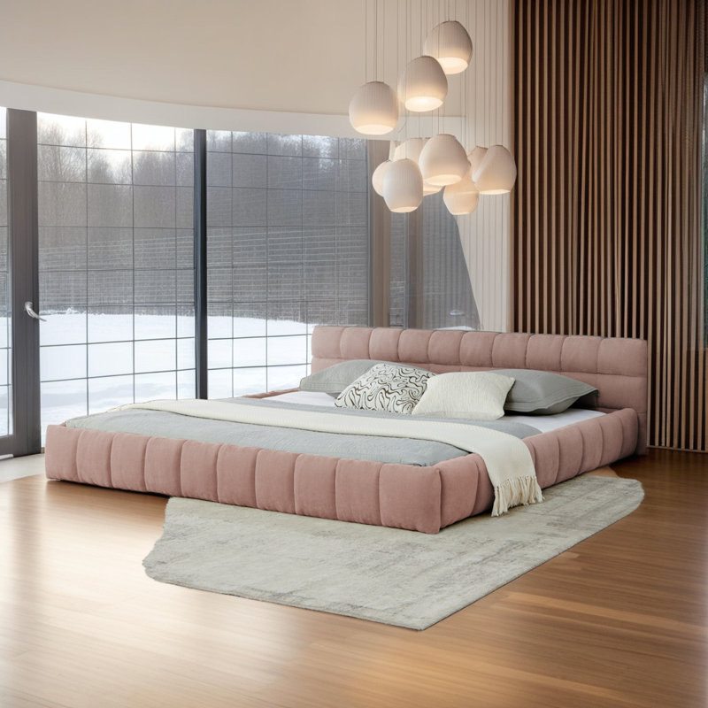 Lit plateforme tapissier rose très grand californien avec tête de lit - Tissu chenille épais, aucun sommier nécessaire, Rose