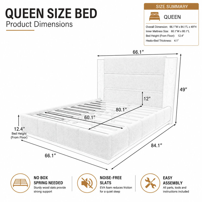 Lit plateforme tapissier Modern, Queen