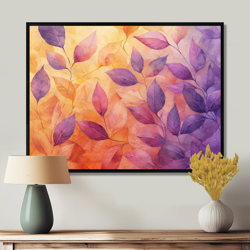 «Inbar Sunset Leaves I» - art mural grandes feuilles, H 12 po x l 20 po, Picture Framed Print, Noir