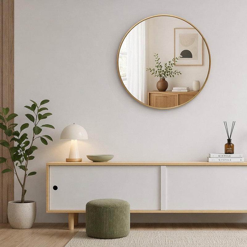 Miroir de salle de bain rond en métal, L 32 po, Doré