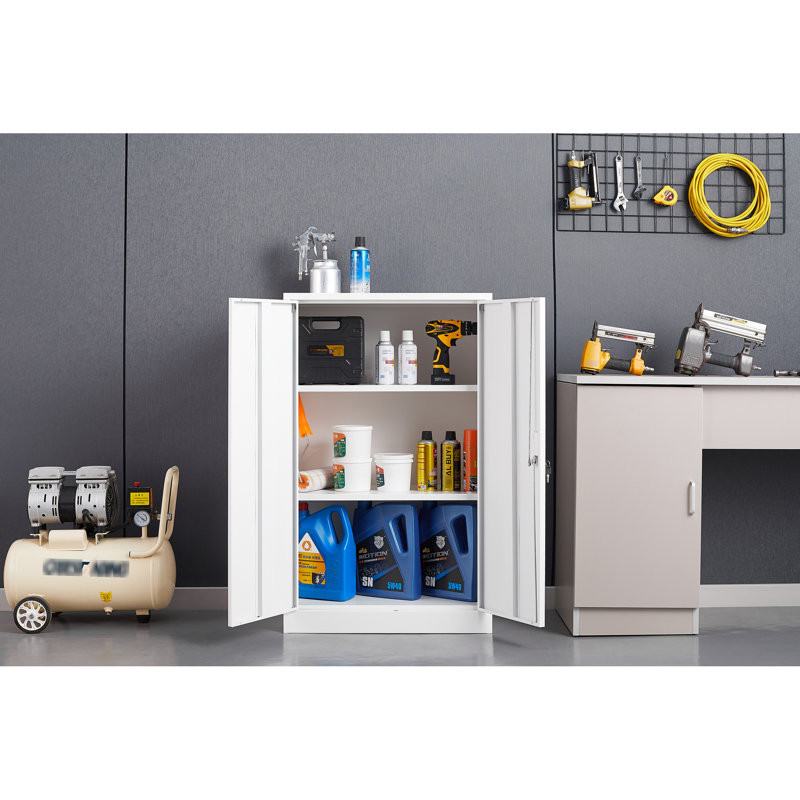 Adjustable Shelf Metal Storage Locker For Office, Home, - White Colorway Cabinet With Foldable Feature Garage, Home Locking