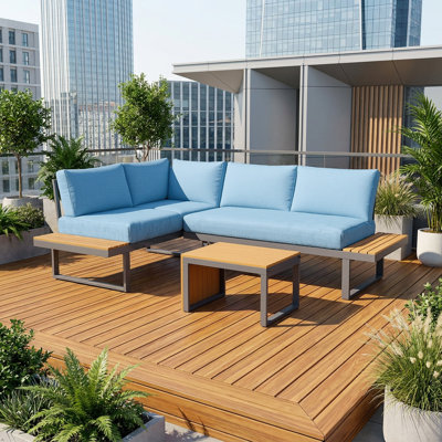  Ensemble de canapé modulaire d'extérieur Hubhalsun avec détails en teck, ensemble de conversation en forme de L avec coussins épais et table basse, mobilier de patio en métal résistant aux intempéries pour la cour, la terrasse et le porche.