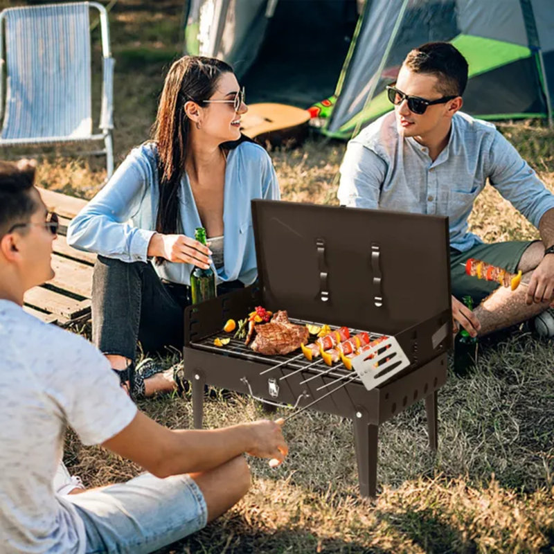 Barbecue portatif carré au charbon de bois, barbecue en acier compact et durable de 44 x 27 x 7 cm pour le camping, les pique-niques et les fêtes d'avant-match, noir
