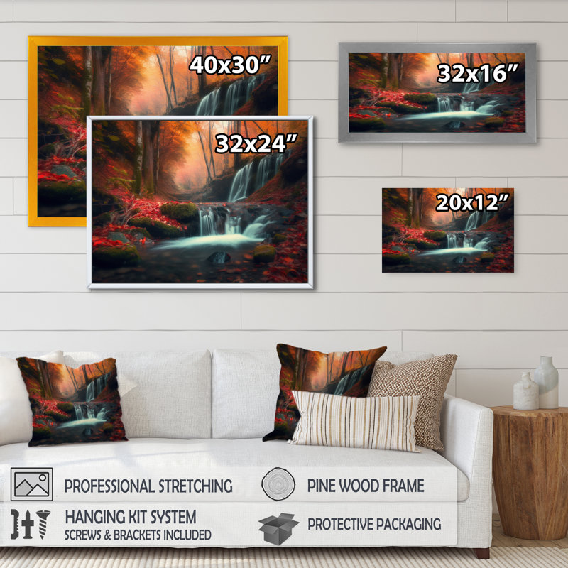 Waterfall In Fall Forest I " Waterfall In Fall Forest I ", Black Single Picture Framed, 34" H x 44" W x 1.5" D